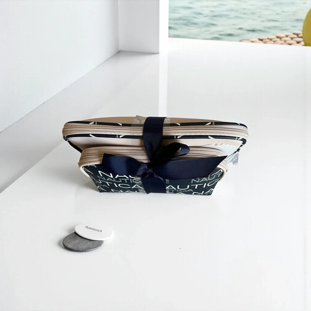 Nautica 2PC Trap Set Travel Cosmetic‎ Makeup Bag Blush Navy NWT